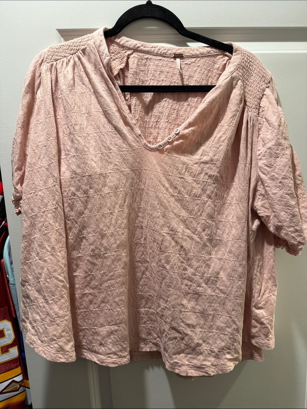 Free People Blush Pink Textured V-Neck Peasant Top